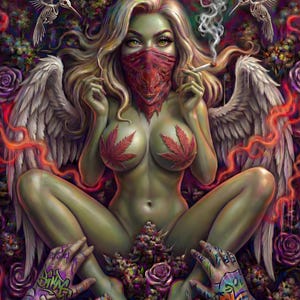 Pode incluir: Uma ilustração digital de uma figura de pele verde com grandes asas brancas, usando uma bandana vermelha sobre o rosto e folhas de cannabis cobrindo o peito. A figura segura um cigarro aceso, cercada por rosas roxas e dois beija-flores esqueléticos.