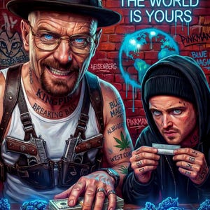 Pode incluir: Uma ilustração digital apresentando dois homens contra uma parede de tijolos vermelhos com grafite. Um homem usa chapéu, óculos e um coldre com duas pistolas, com tatuagens no pescoço e braço. O outro usa um moletom preto com capuz.