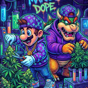 Pode incluir: Uma ilustração digital vibrante com Mario e Bowser num laboratório. Mario usa um capuz e boné roxos com um logótipo repetido, aparando uma planta verde. Bowser usa um traje semelhante e cuida de outra planta num vaso no laboratório.