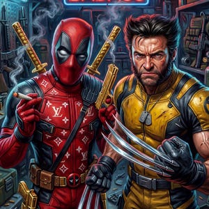 Pode incluir: Uma ilustração digital apresentando Deadpool em um traje vermelho com padrão branco e Wolverine em um traje amarelo e preto. Um letreiro de neon acima diz BADASS. Deadpool segura um cigarro fumegante e uma pistola dourada, enquanto Wolverine exibe garras de metal.