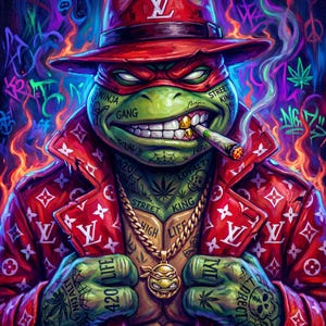 Pode incluir: Um personagem de tartaruga verde usando um chapéu fedora vermelho com um logotipo branco e uma jaqueta vermelha com um padrão branco repetido. O personagem tem tatuagens no rosto, pescoço e mãos, usa uma corrente de ouro com pingente e segura um cigarro aceso.