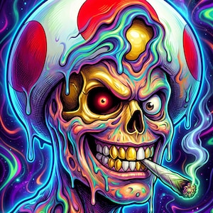 Pode incluir: Uma ilustração digital de um personagem com rosto de caveira usando um chapéu em forma de cogumelo com manchas vermelhas. O personagem tem um olho vermelho brilhante, um olho castanho, dentes de ouro e fuma um cigarro enrolado. Fundo neon.