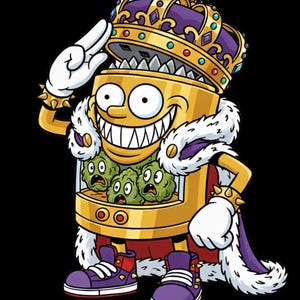 Pode incluir: Um personagem de desenho animado em forma de moedor dourado usando uma coroa roxa e uma capa roxa com bordas brancas. O personagem tem um sorriso largo, luvas brancas e tênis roxos, com três pequenas figuras verdes texturizadas no meio.
