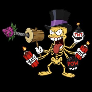 Pode incluir: Um esqueleto de desenho animado com ossos amarelos, cartola com faixa roxa e um sorriso largo com a língua de fora. Possui quatro braços segurando um martelo de madeira com uma flor roxa, uma bomba TNT acesa, um bastão de gás e uma bola de boliche com a palavra POW.