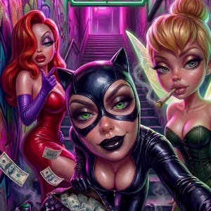 Pode incluir: Uma ilustração digital apresentando três personagens estilizados em um beco iluminado por neon com uma placa escrita BADDIES. Um personagem usa um traje de gato preto, outro um vestido vermelho e o terceiro um espartilho verde.