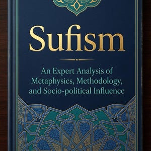 Könnte beinhalten: Ein gebundenes Buch mit dem Titel Sufism: An Expert Analysis of Metaphysics, Methodology, and Socio-political Influence von Emma Louise S Robertson. Der dunkelblaue Einband zeigt goldene Schrift und komplexe geometrische Muster in Petrol und Gold.