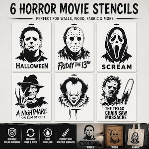 Op de afbeelding: Zes horrorfilm sjablonen met personages uit Halloween, Friday the 13th, Scream, A Nightmare on Elm Street en The Texas Chainsaw Massacre. De sjablonen zijn gemaakt van duurzaam mylar en zijn herbruikbaar.