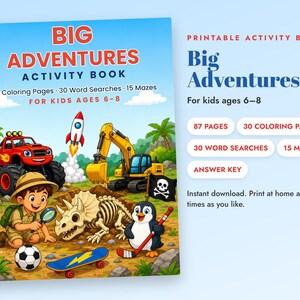 Kids Activity Book Printable PDF Ages 6-8, Coloring Pages, Word Search & Mazes, Big Adventures for Boys