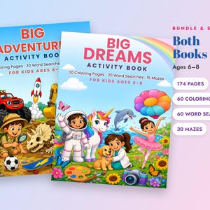 Kids Activity Book Bundle Printable PDF Ages 6-8, 60 Coloring Pages, 60 Word Searches & 30 Mazes for Boys and Girls