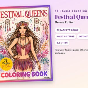 Festival Queens Deluxe Coloring Book Printable PDF, 75 Pages, Boho Festival Fashion Coloring Pages for Women