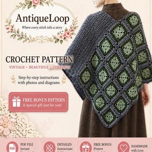Patrón de capa de ganchillo vintage, poncho de cuadrados de la abuela en PDF, chal estilo boho llamativo.