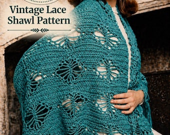 Vintage haakpatroon voor een sjaal (PDF), omslagdoek met kanten franjes, boho schouderdoek, retro gehaakte damessjaal, handgemaakt doe-het-zelf cadeau - direct te downloaden