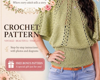 Lantern Pullover Crochet Pattern PDF + FREE BONUS Gift Kimono Sleeve Sweater Vintage Top