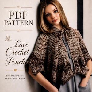 Pode incluir: Um poncho de renda de crochê marrom com gola e fecho de laço. A imagem inclui o texto "PDF PATTERN" e "Lace Crochet Poncho". O texto "ELEGANT. TIMELESS. HANDMADE WITH LOVE." também é visível.