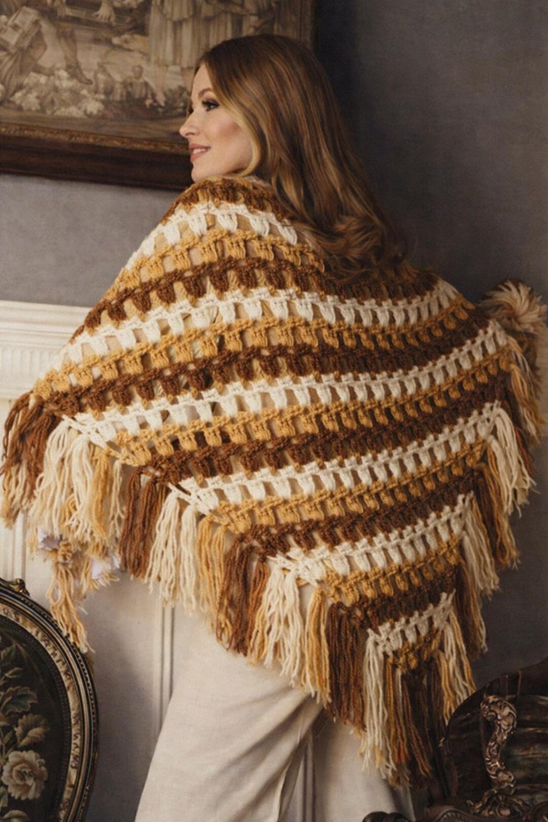 Vintage Crochet Shawl Pattern PDF – Boho Fringe Wrap – Striped Poncho ...