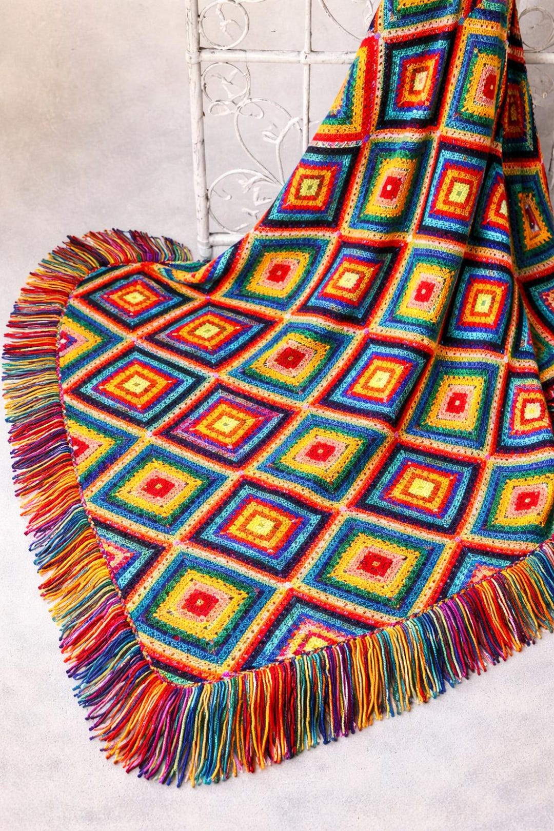 Vintage Crochet Shawl Pattern PDF – Granny Square Fringe Wrap – Boho ...