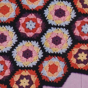 Pode incluir: Close-up de um cobertor de crochê com um padrão hexagonal repetido. Cada hexágono apresenta um design floral em tons de vermelho, laranja, amarelo, rosa e azul, em um fundo preto. O cobertor é feito de fio.