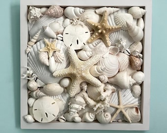 Boîte d'ombre artisanale en coquillages blancs | Décoration murale marine et plage