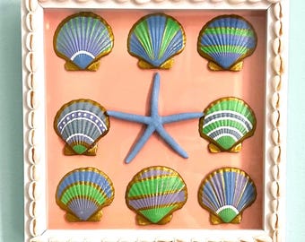 Boîte à ombres en coquillage peinte à la main | Décoration de maison de plage avec étoiles de mer