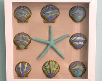 Boîte à ombres en coquillage peinte à la main | Décoration de maison de plage avec étoiles de mer