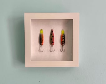Décoration murale vintage avec leurres de pêche | Présentoir encadré pour leurres, style rustique côtier