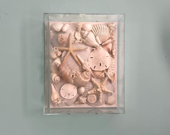 Boîte d'ombre artisanale en coquillages blancs | Décoration murale marine et plage