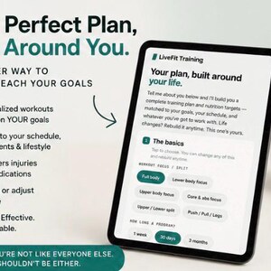 May include: A tablet displaying the LiveFit Training app interface with text reading Your Perfect Plan, Built Around You. The screen shows workout focus options like Full body, Lower body focus, and programme duration settings like 30 days.