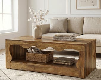 Farmhouse Coffee Table Rustic Wood Style - Living Room Center Table with Storage Shelf – Minimalist Natural Coffee Table