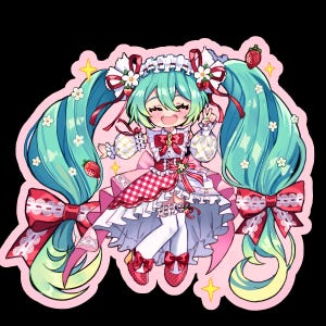 May include: A die-cut sticker featuring a cartoon character with long teal twin-tails, wearing a red and white checkered dress with lace trim, strawberry accents, and a matching headpiece. The character has a joyful expression and is posing.