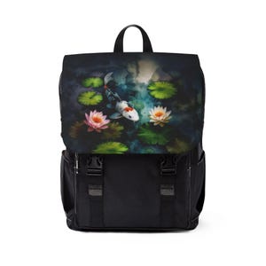 Koi Karpfen Teich Aquarell Rucksack | Floral Seerosenblatt Koi Fisch Tasche