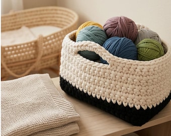 Crochet Storage Basket Pattern, Black White Yarn Container (PDF Download)