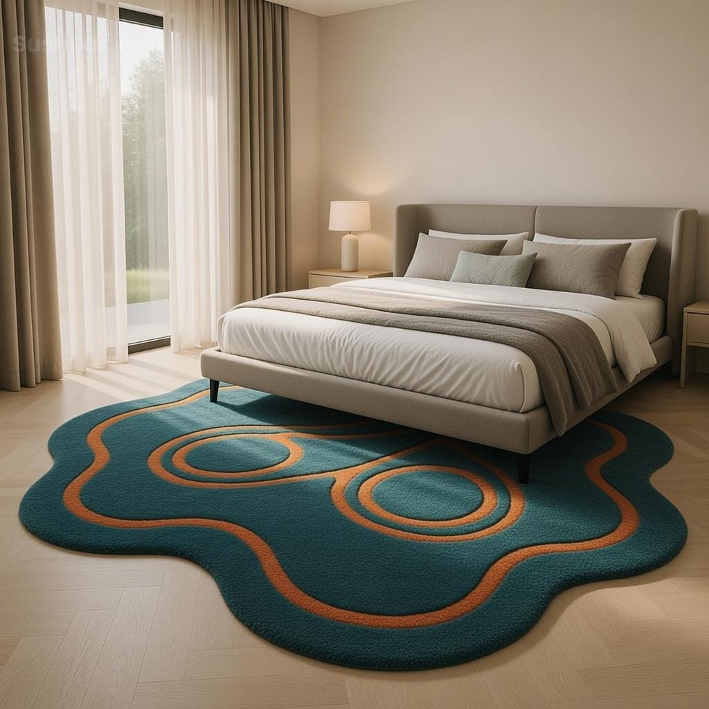 Puddle Rug Shape Teal Orange Puddle Shape Wool Area Rug – Abstract Wavy Line Modern ...