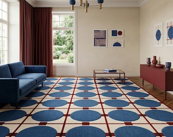 Tappeto in lana trapuntato a mano – Cerchi geometrici blu, griglia bordeaux, tappeto in stile moderno di metà secolo