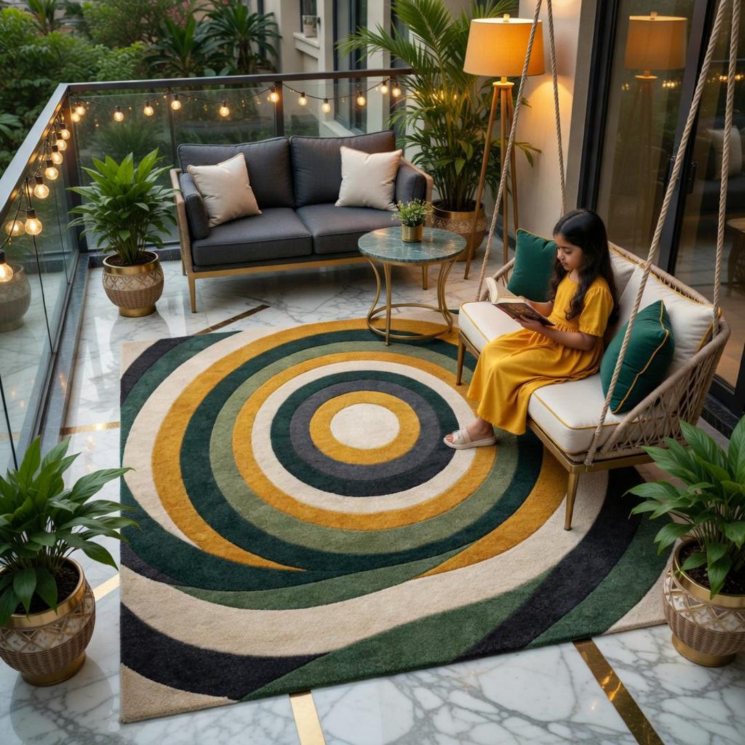 Hand Tufted Wool Area Rug: Forest Green, Mustard Abstract Circles Mid ...