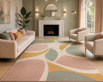 Tappeto in lana con motivi geometrici pastello, rosa cipria, verde salvia, moderno, trapuntato a mano.