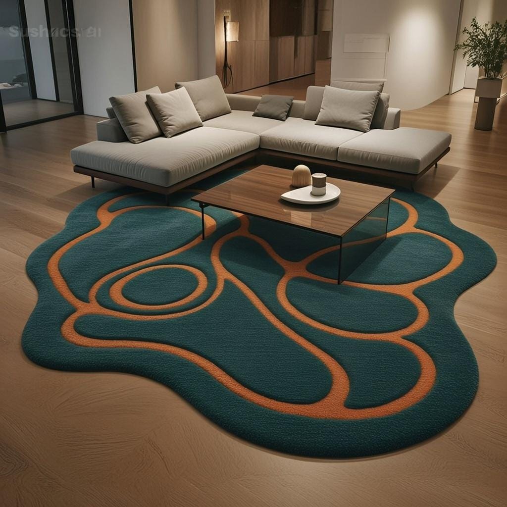 Puddle Rug Shape Teal Orange Puddle Shape Wool Area Rug – Abstract Wavy Line Modern ...