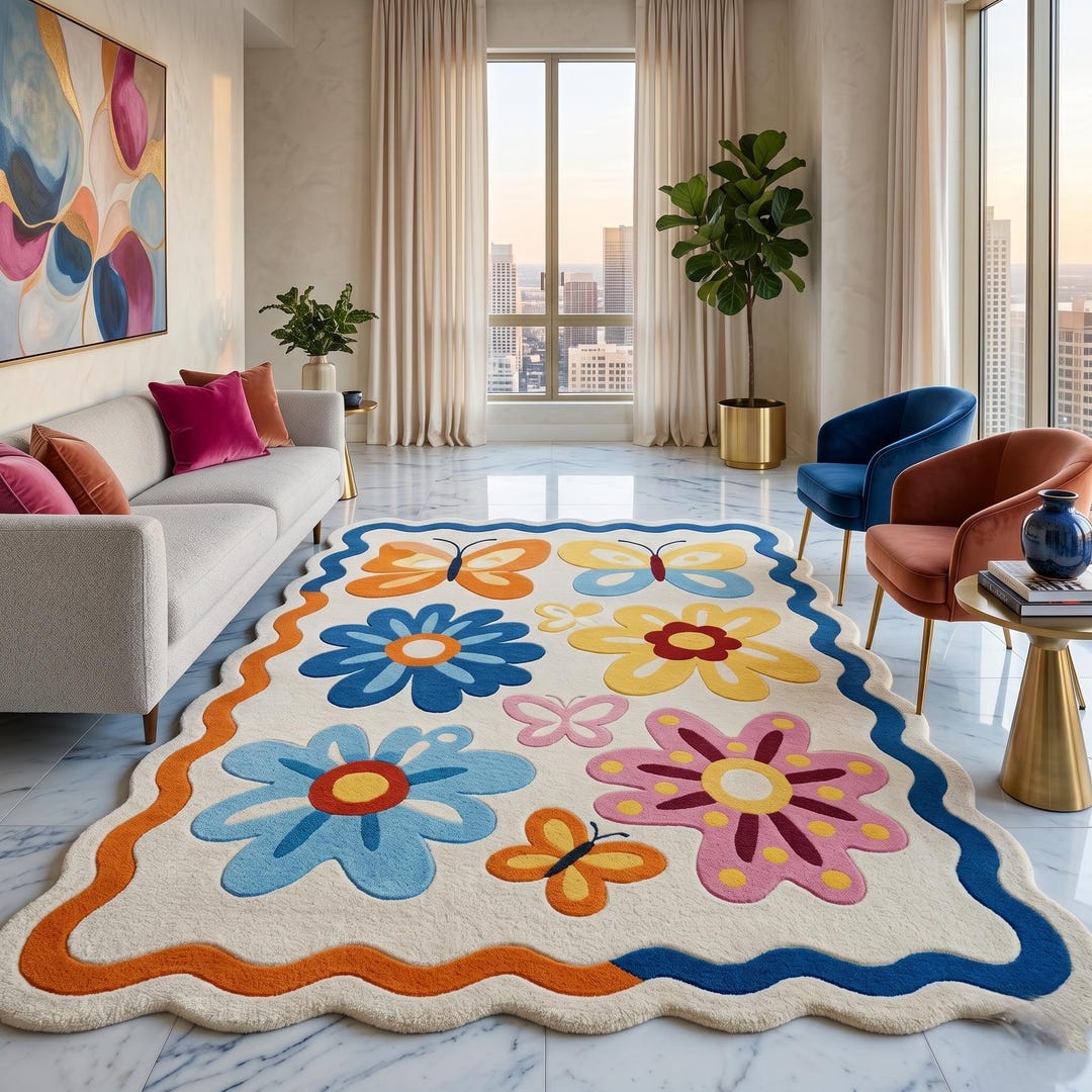 Hand Tufted Wool Floral Butterfly Area Rug: Kids Playroom Carpet ...