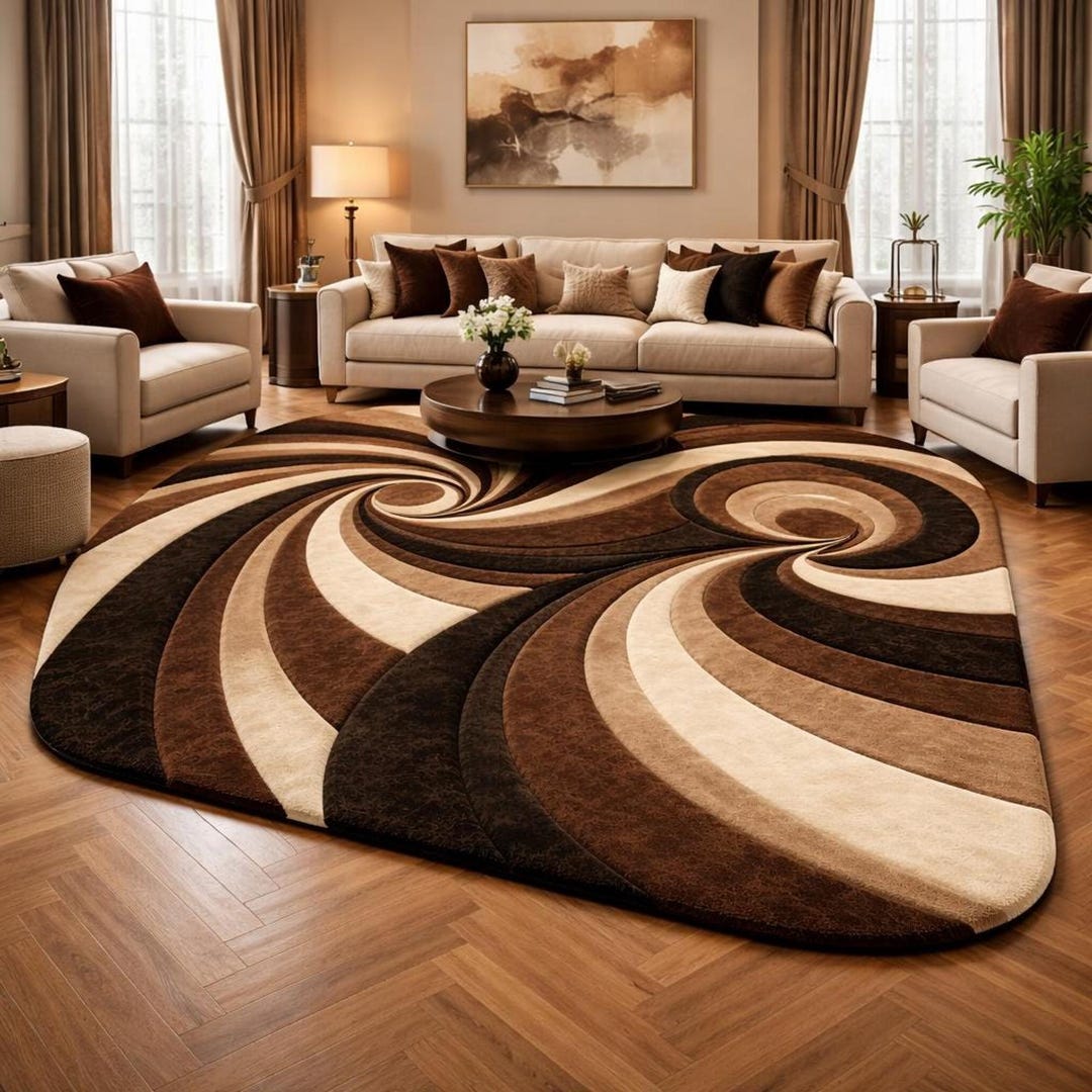 Hand Tufted Wool Abstract Swirl Area Rug, Brown Cream Black Wave ...