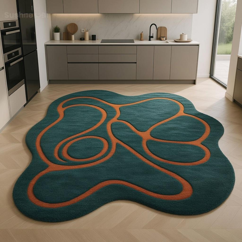 Puddle Rug Shape Teal Orange Puddle Shape Wool Area Rug – Abstract Wavy Line Modern ...
