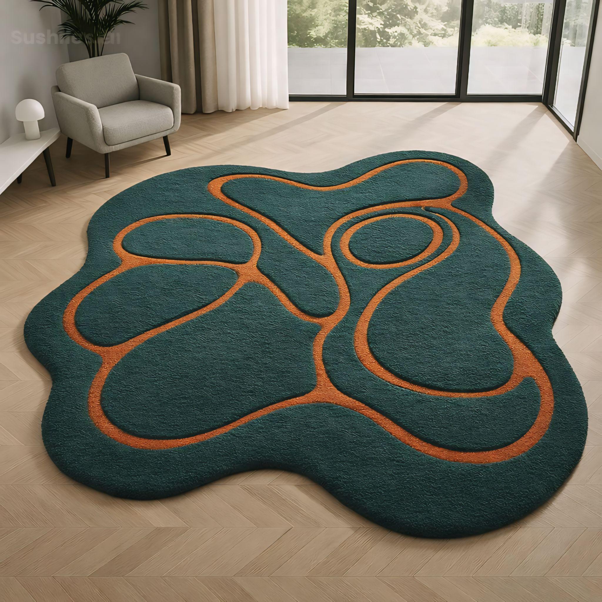 Puddle Rug Shape Teal Orange Puddle Shape Wool Area Rug – Abstract Wavy Line Modern ...
