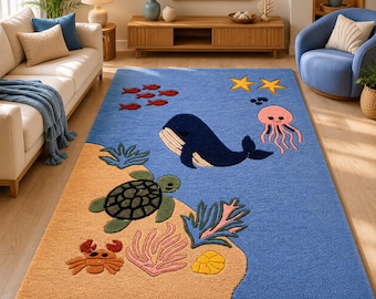 Tappeto con animali marini, tappeto per cameretta con balene e tartarughe, tappeto pastello per la stanza dei giochi, decorazioni per la cameretta dei bambini in stile costiero