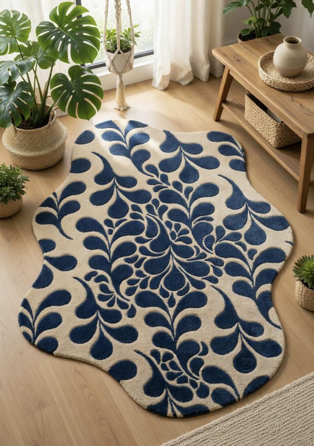 Puddle Rug Shape Irregular Puddle Rug: Navy Blue Floral Hand-tufted Wool Carpet for ...