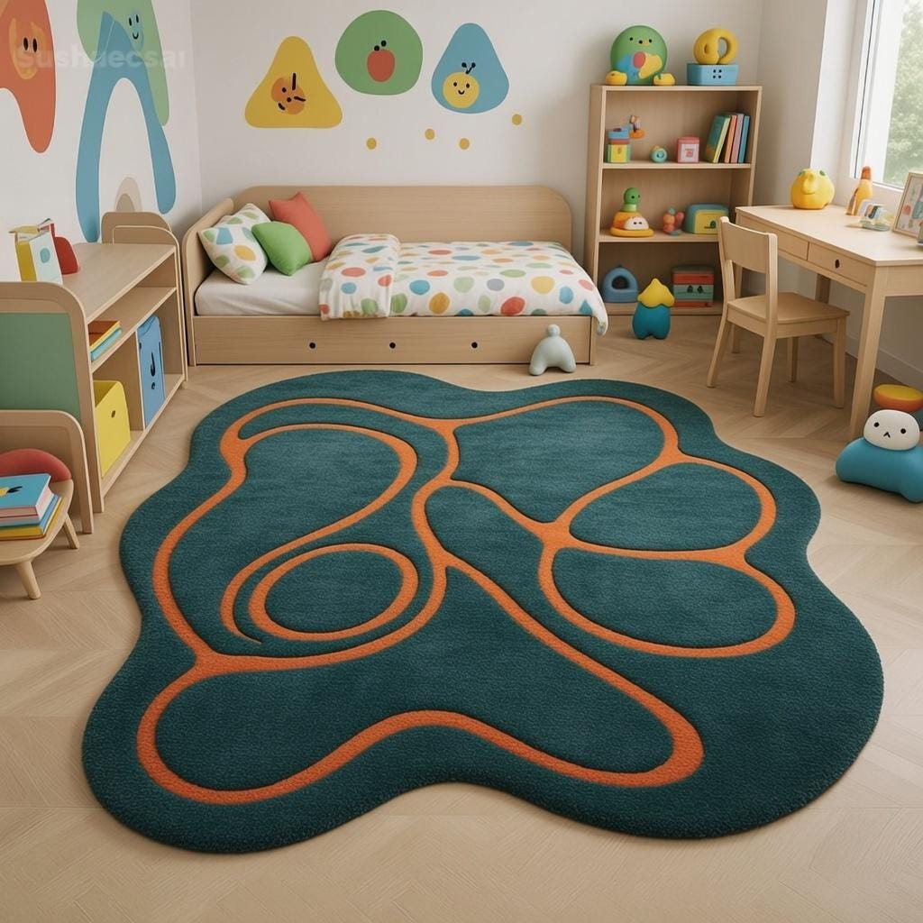 Puddle Rug Shape Teal Orange Puddle Shape Wool Area Rug – Abstract Wavy Line Modern ...