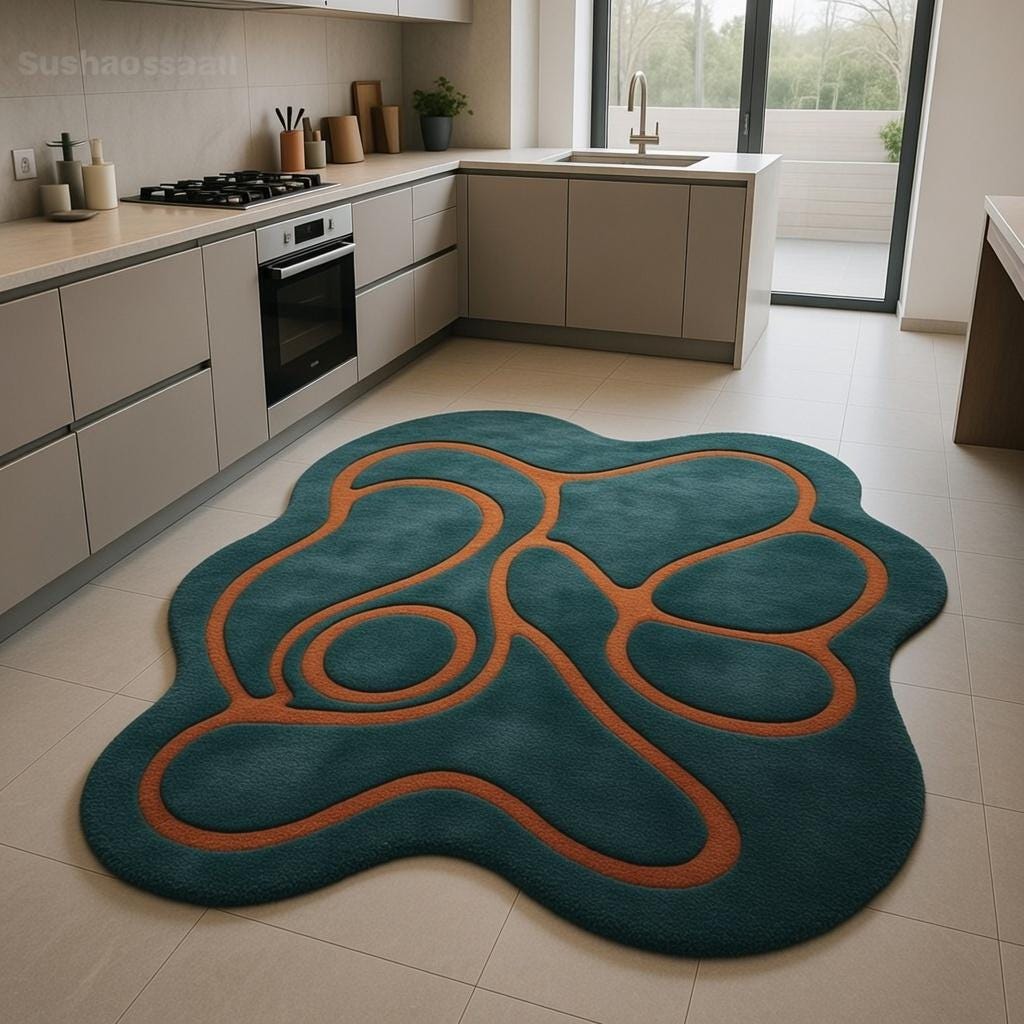 Puddle Rug Shape Teal Orange Puddle Shape Wool Area Rug – Abstract Wavy Line Modern ...