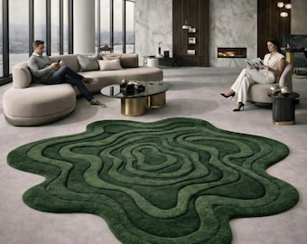 Alfombra abstracta de lana verde bosque: alfombra con textura 3D ondulada y mechones para sala de estar.