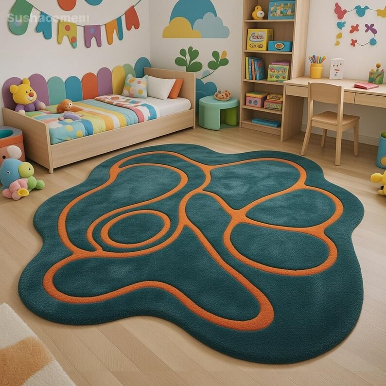 Puddle Rug Shape Teal Orange Puddle Shape Wool Area Rug – Abstract Wavy Line Modern ...