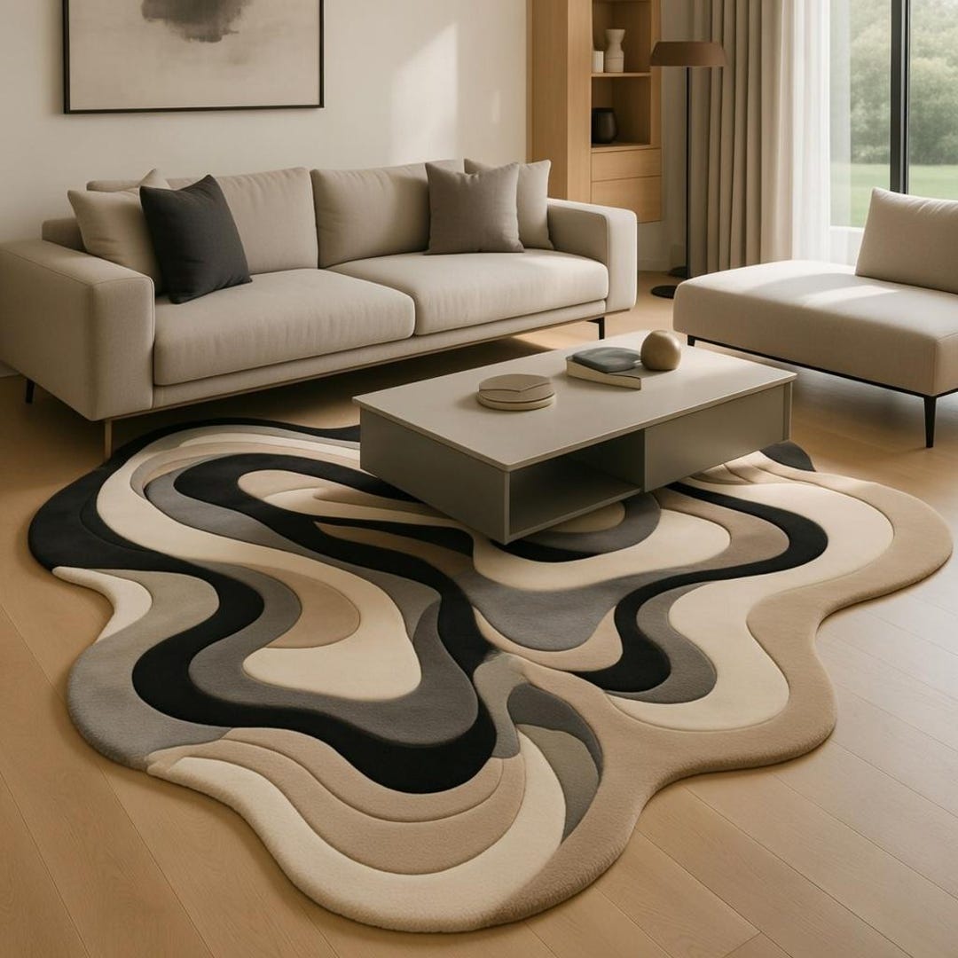 Puddle Rug Shape Hand Tufted Wool Puddle Rug: Abstract Wavy Minimalist Decor Carpet - Etsy