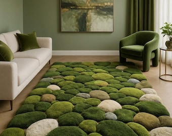 3D Moss Pebble Rug, Hand-Tufted Wool Forest Green Shag Carpet, Biophilic Decor