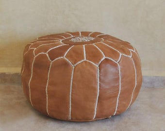 Leather Round Pouffe Cover - Tan