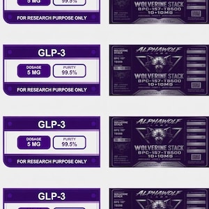 Pode incluir: Vários rótulos de produtos em roxo e branco. Os rótulos exibem texto, incluindo "GLP-3" com uma dosagem de "5 MG" e pureza de "99,5%", e "FOR RESEARCH PURPOSE ONLY". Outros rótulos dizem "WOLVERINE STACK" e "ALPHAWOLF".